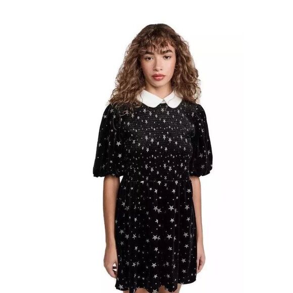 Sister Jane Black Zodiac Star Embroidered Velvet Puff Sleeve Mini - Picture 1 of 6